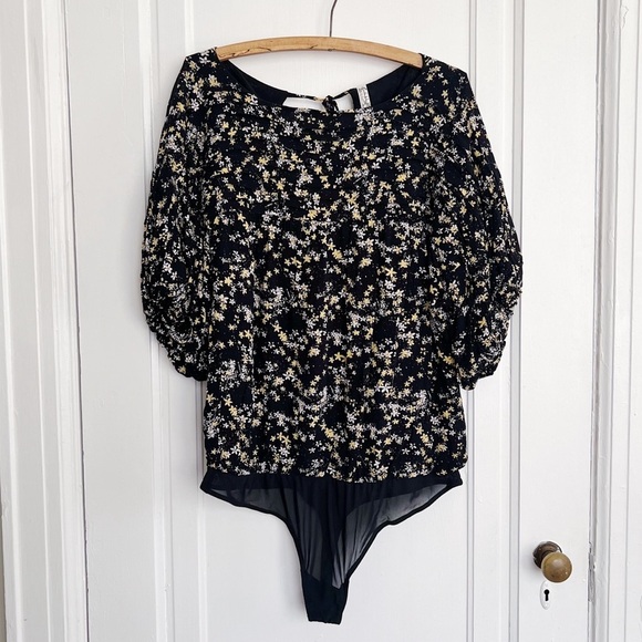 Free People • Dessa Bodysuit blouse black floral pleated yellow white flowers - Picture 2 of 16